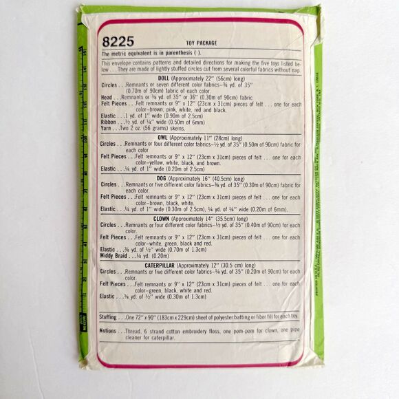 Simplicity Sewing Pattern 8225 Stuffed Yo Yo Doll Owl Dog Clown Caterpillar UC - Picture 2 of 3